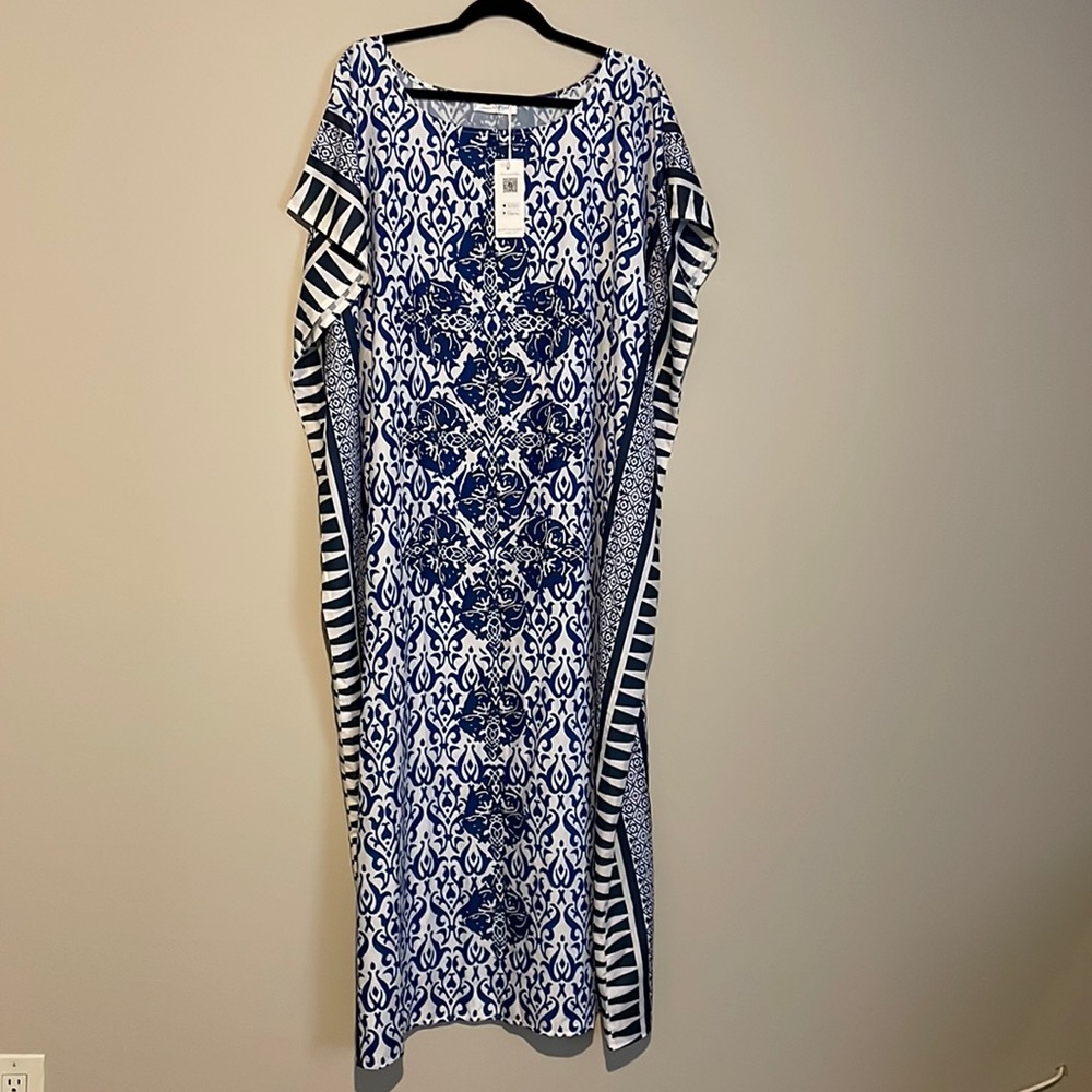 Long blue/white printed long tunic dress